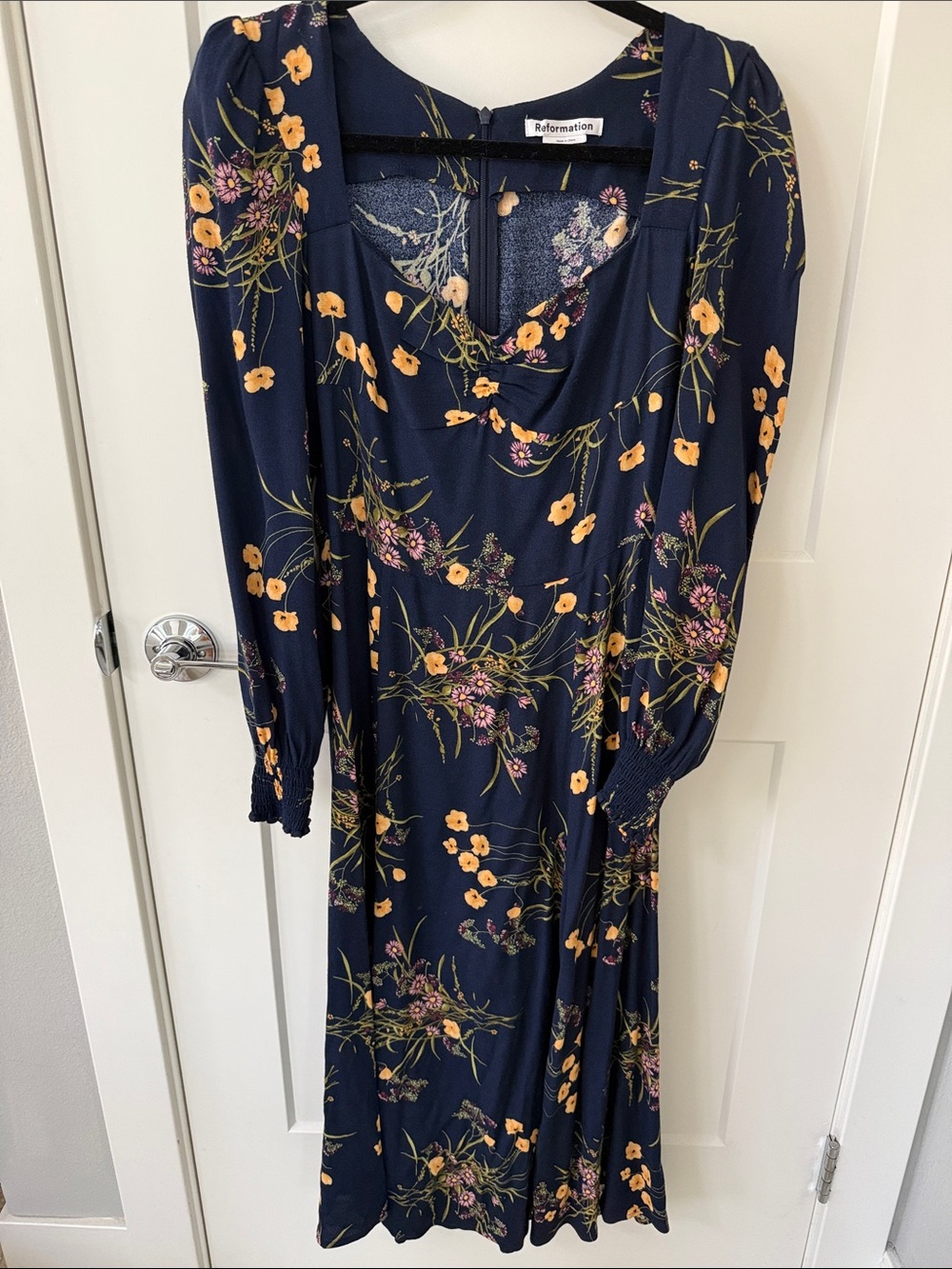 Reformation Navy Floral Maxi Dress with Yellow & Pink Blooms